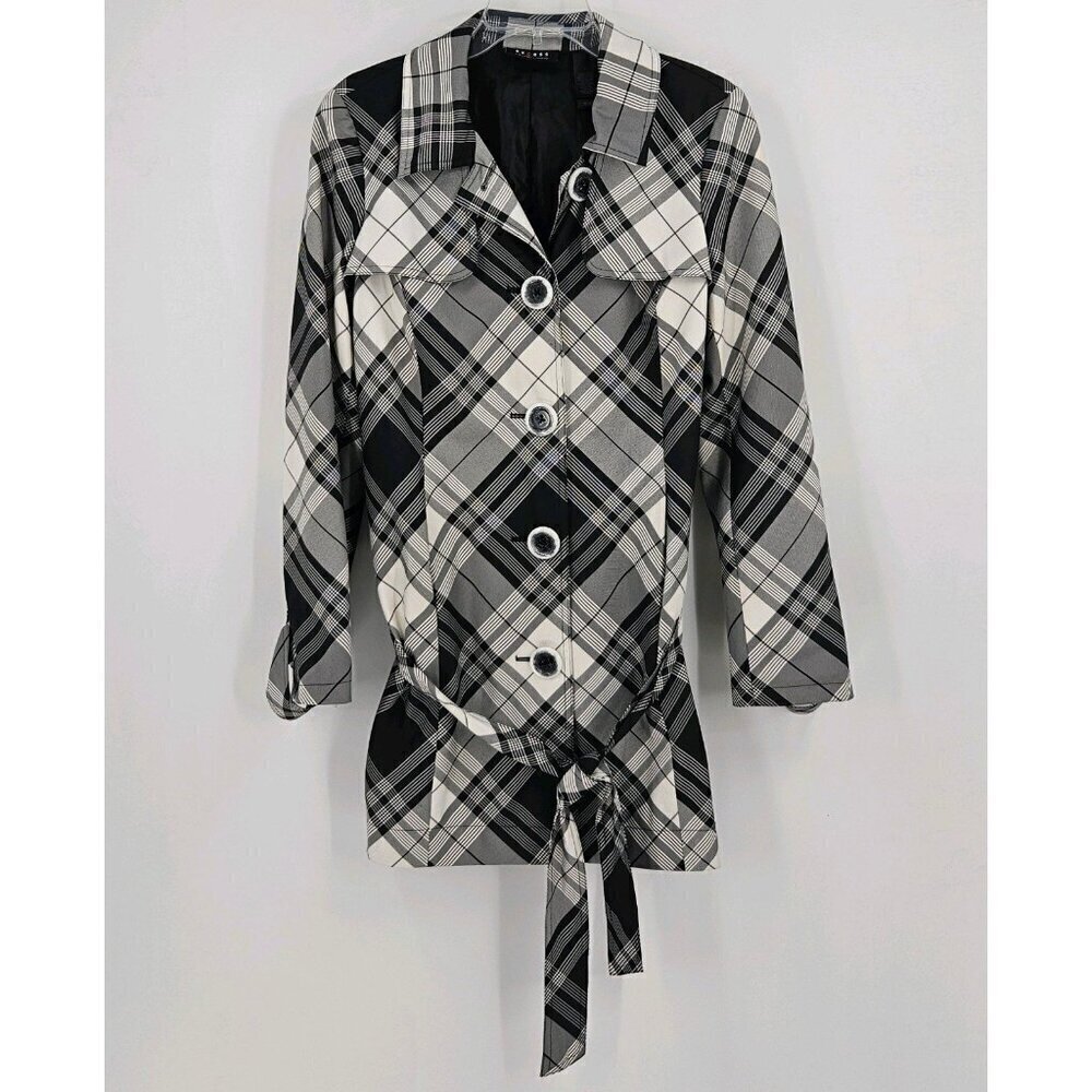 Axcess Liz Claiborne Co Womens Sz M Trench Coat Black White Plaid Button Front
